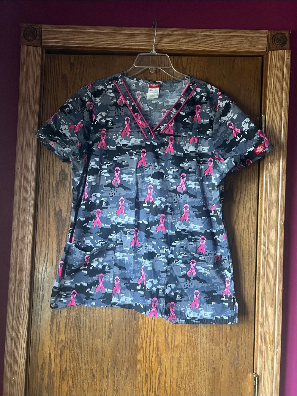 Women's Pink Ribbon Camo V-Neck Medical Scrub Top C12